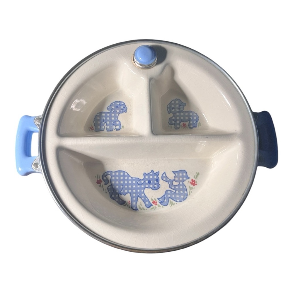 Vintage Excello baby food warming dish featuring little boy blue